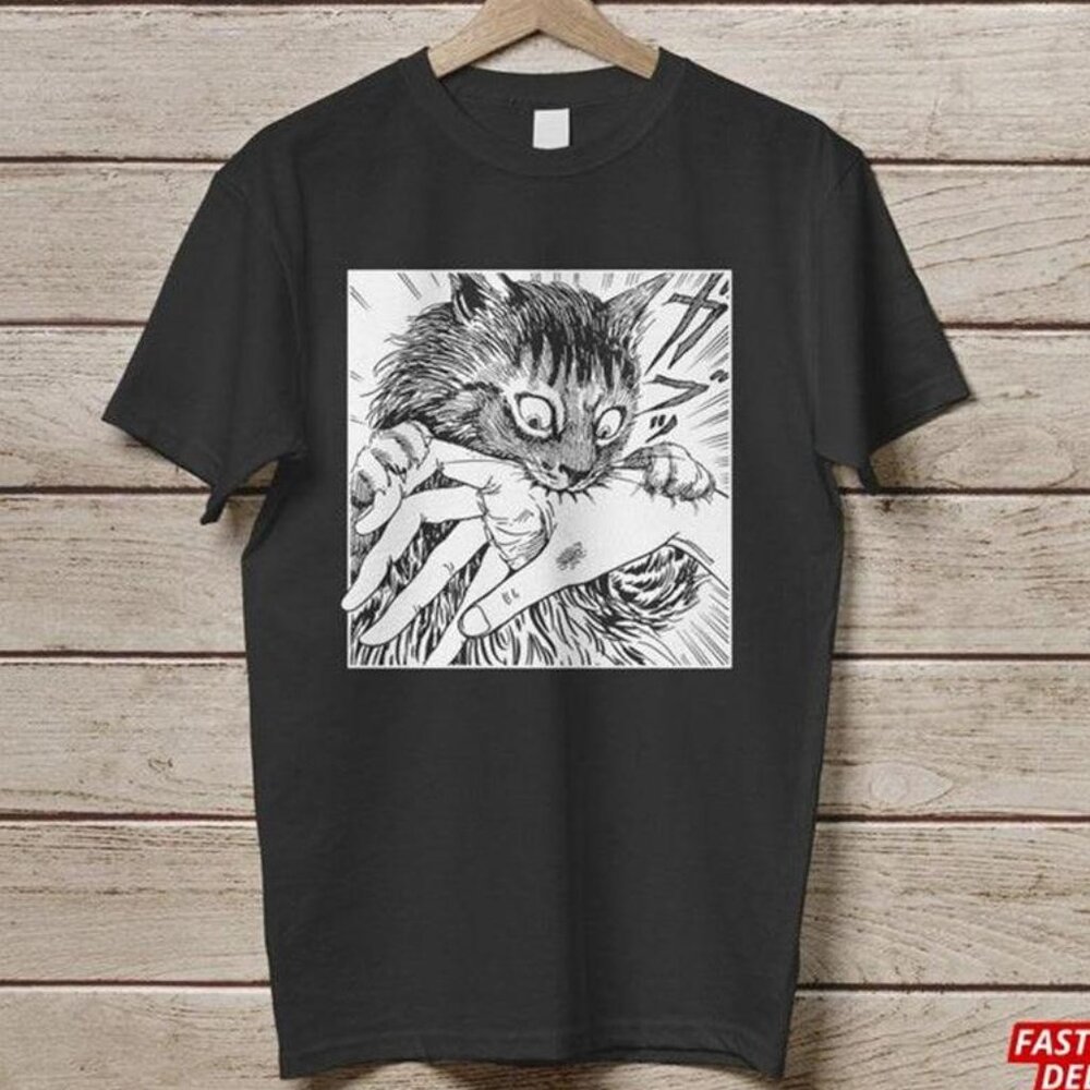 Cat Bite Shirt Japanese Horror Anime Tshirt Creepy Shirt Classic